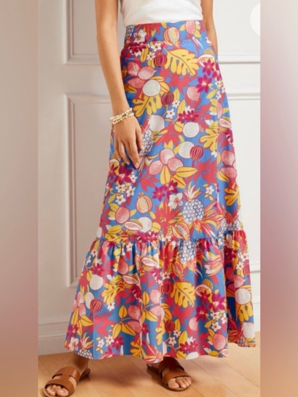 NWT Talbots Fruits Flowers Poplin Tiered Pull On Maxi Skirt Size XL $129 Resort